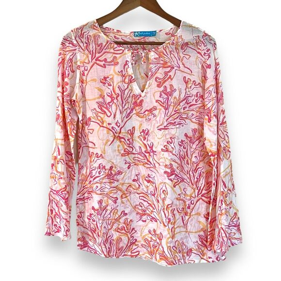 Fresh Produce Pink Orange Coral Print Bell Sleeve Tunic Top XS Asymmetric Cotton - Picture 1 of 8